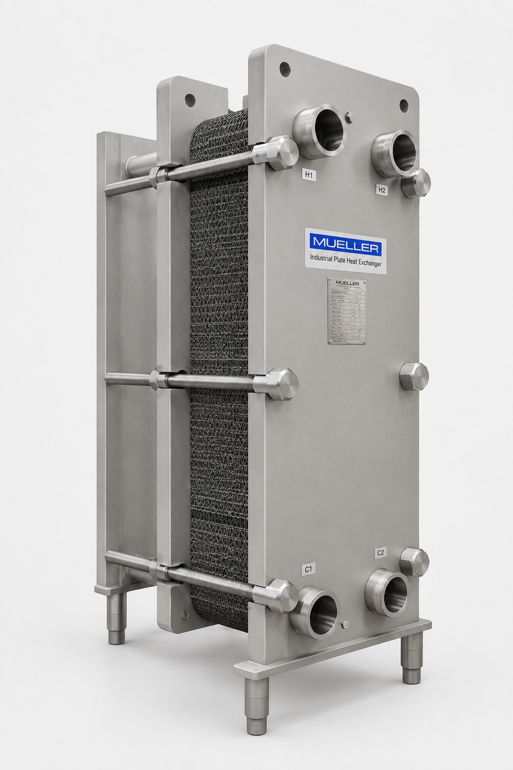 Sanitary plate heat exchanger with 3-A ferrule connections on a stainless frame